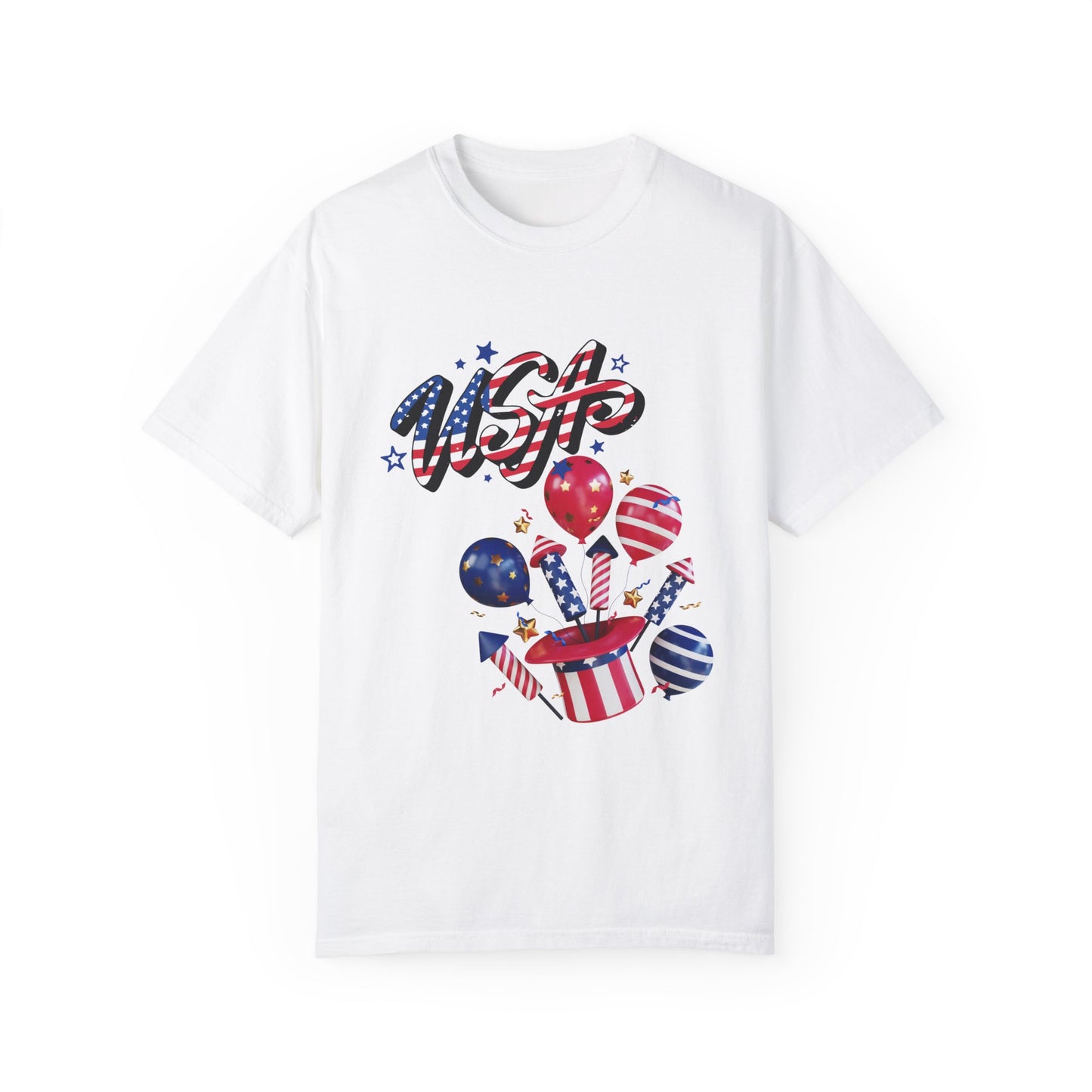 USA Independence Day T-Shirt - Patriotic Hat with Fireworks Design