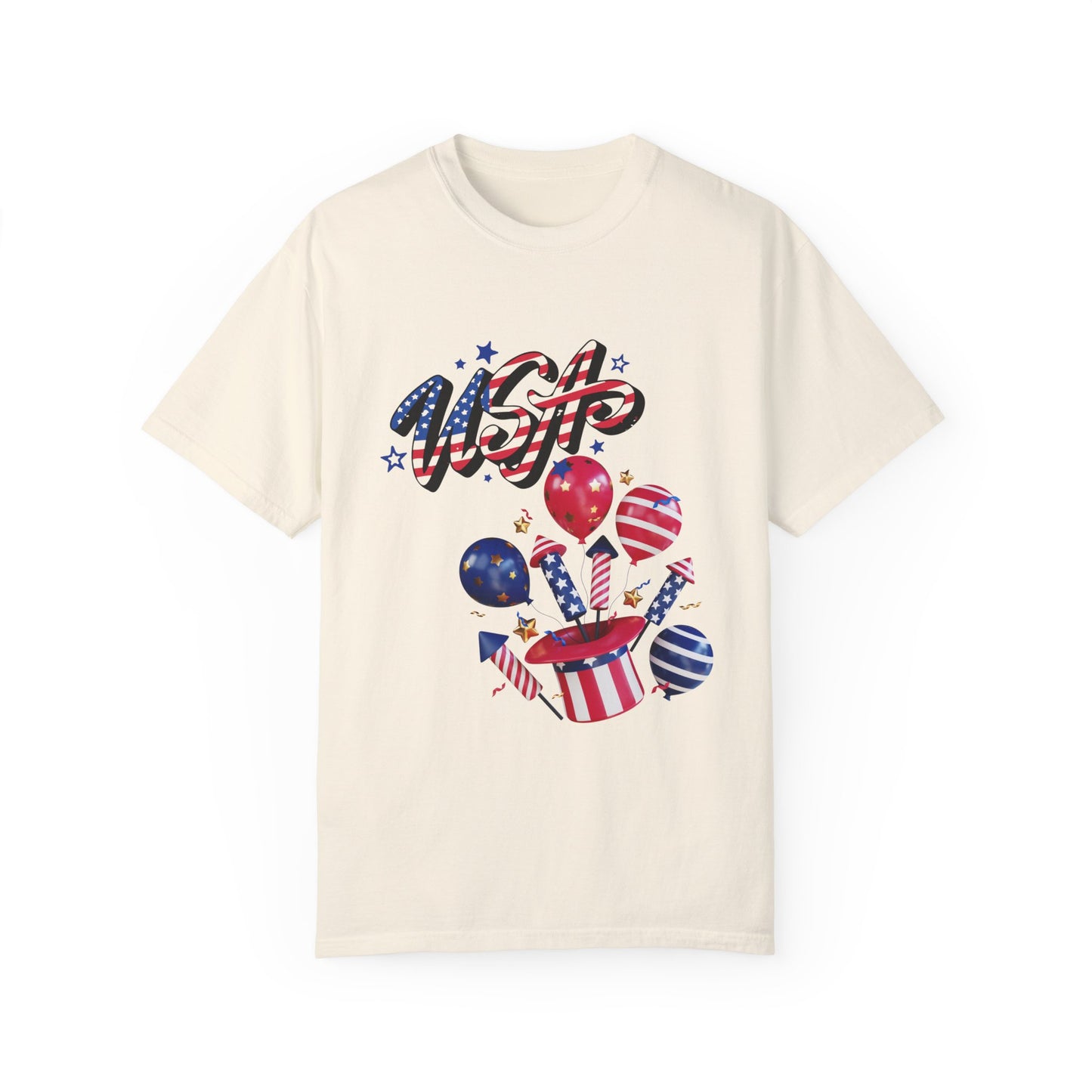 USA Independence Day T-Shirt - Patriotic Hat with Fireworks Design