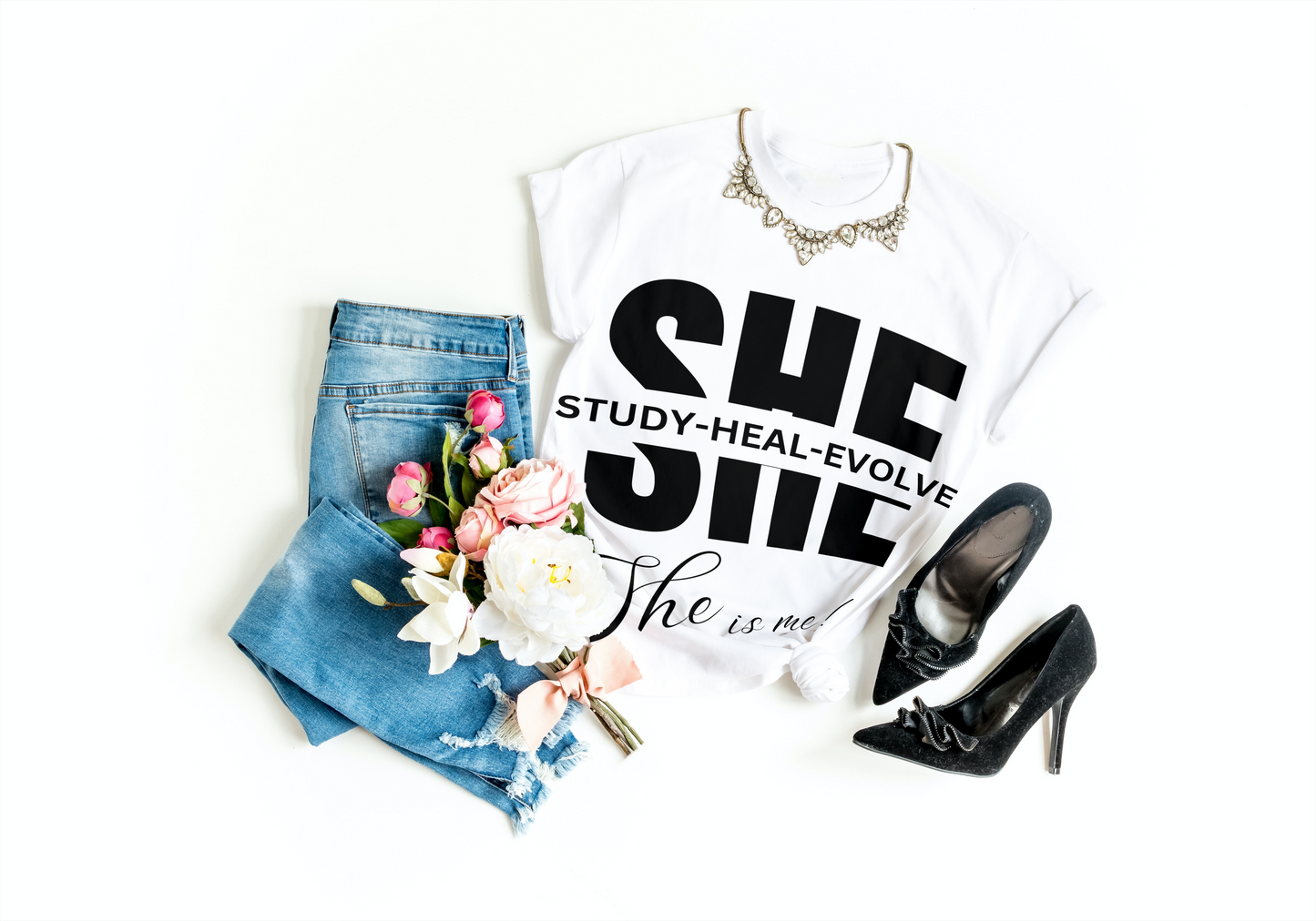 SHE Woman Tee: Study, Heal, Evolve